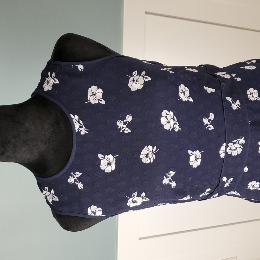 Ann Taylor Navy Blue Floral Swiss Dot Dress 4 Sleeveless - Picture 2 of 14